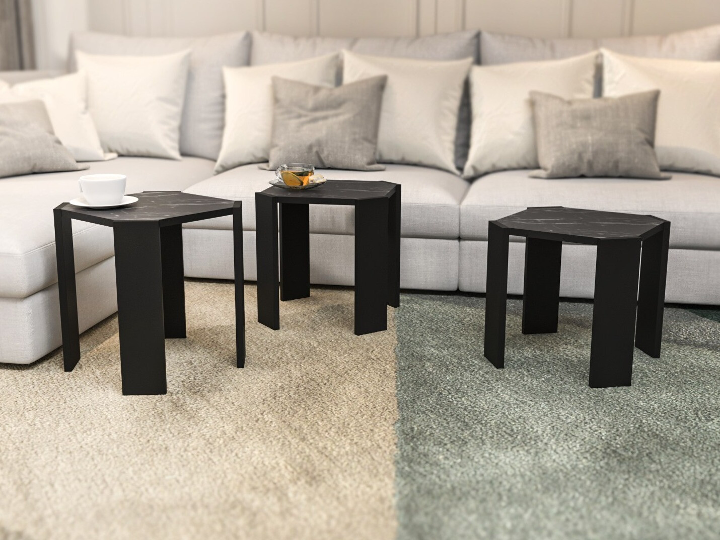 Set de măsuțe de cafea Kailua 2770 (Negru + Marmură neagră)