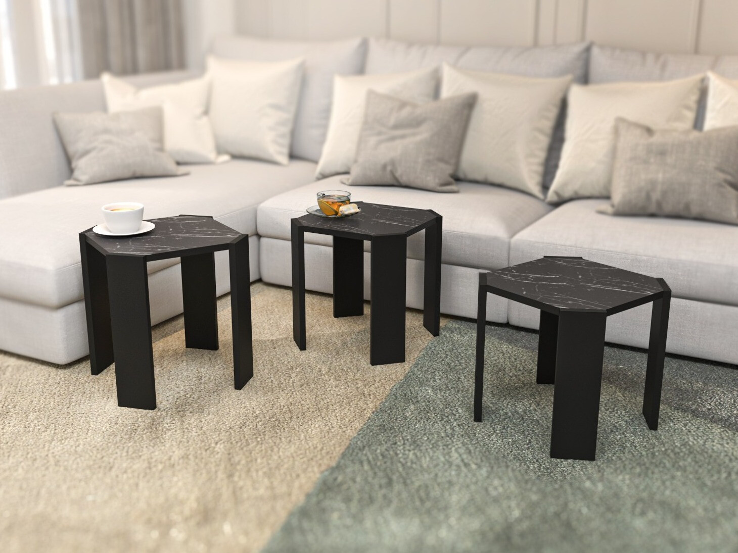 Set de măsuțe de cafea Kailua 2770 (Negru + Marmură neagră)