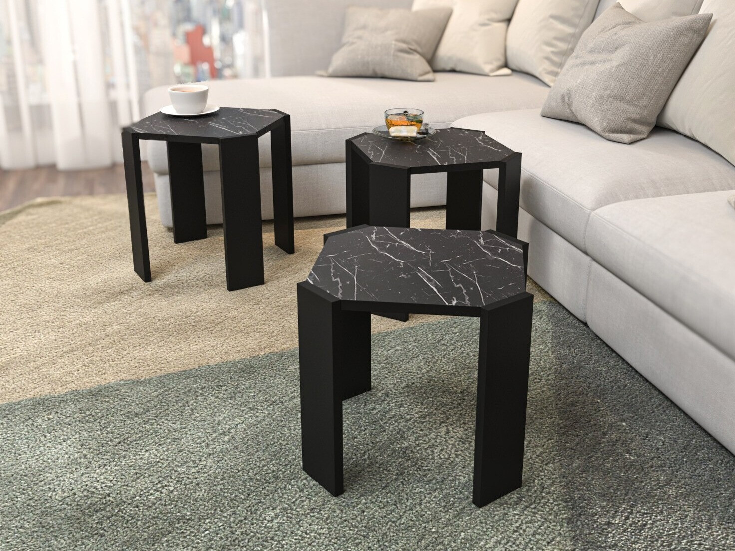 Set de măsuțe de cafea Kailua 2770 (Negru + Marmură neagră)