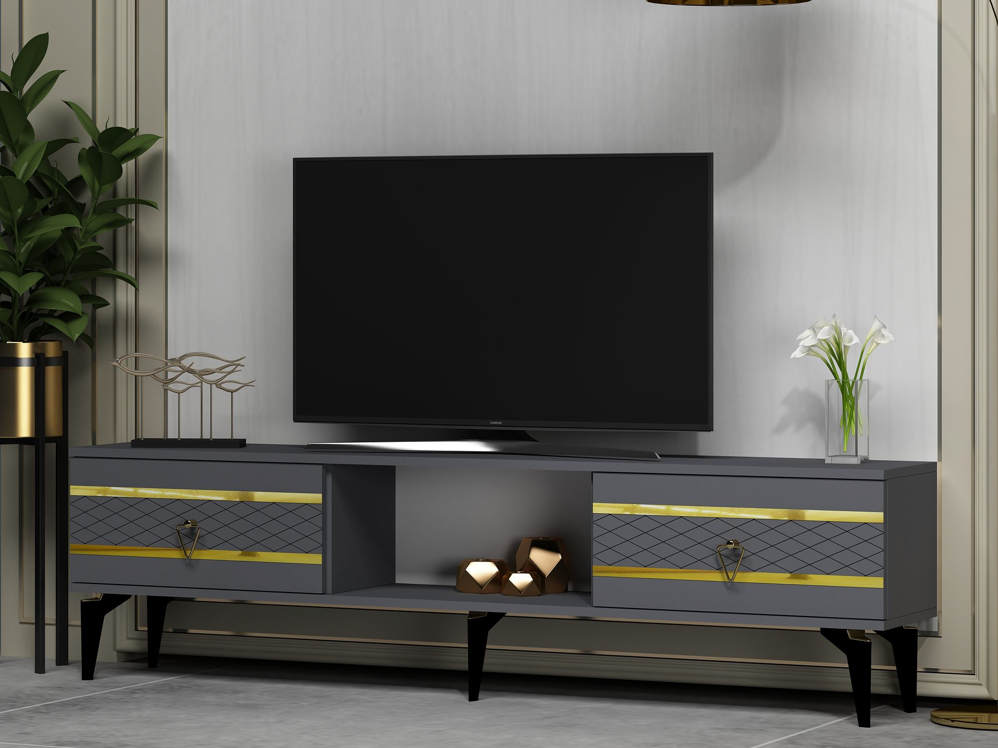 Comodă TV Asheboro 202 (Antracit + Auriu)