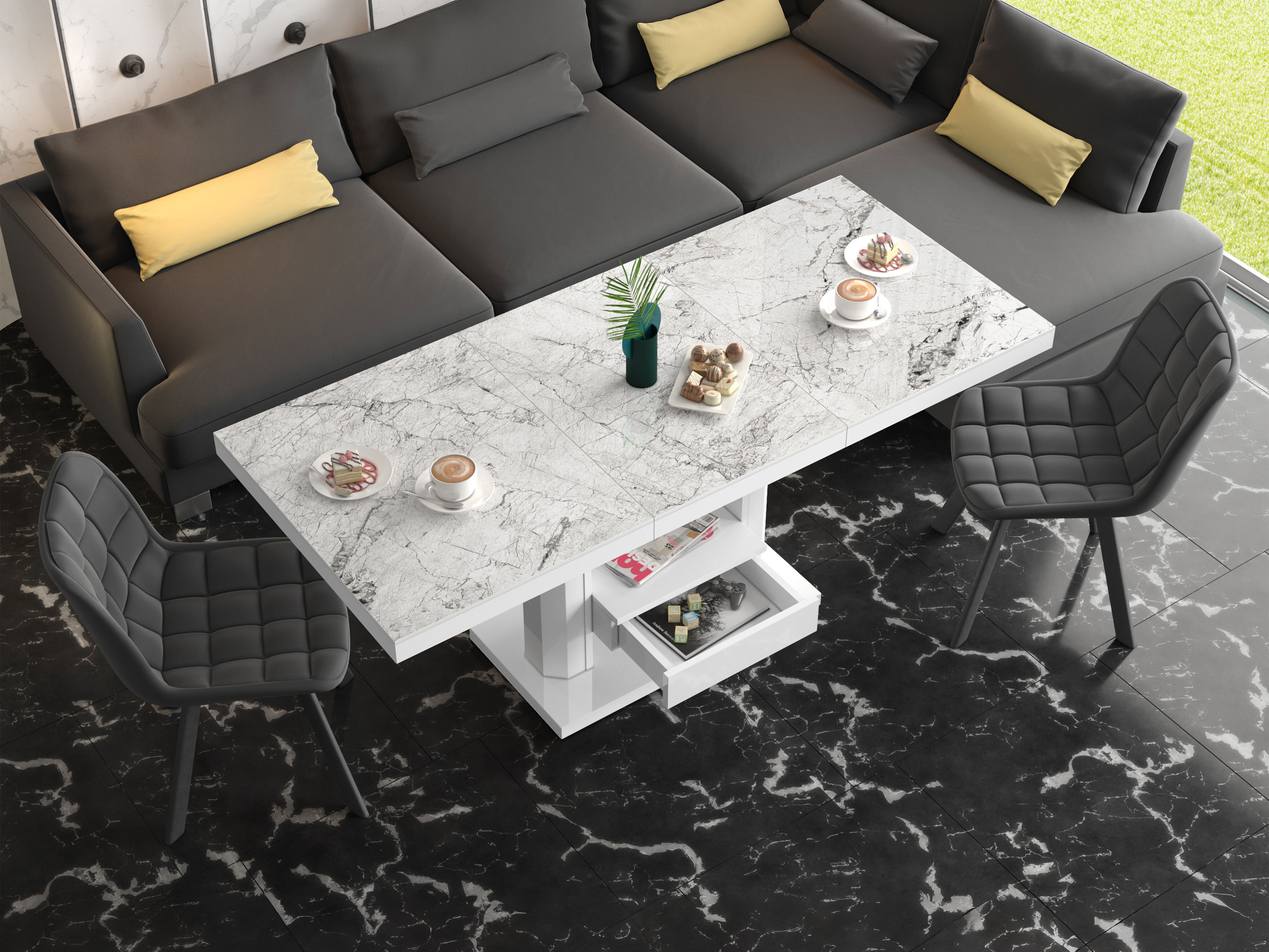 Măsuță de cafea extensibila Hoboken 100 (Marmură albă + Alb lucios)