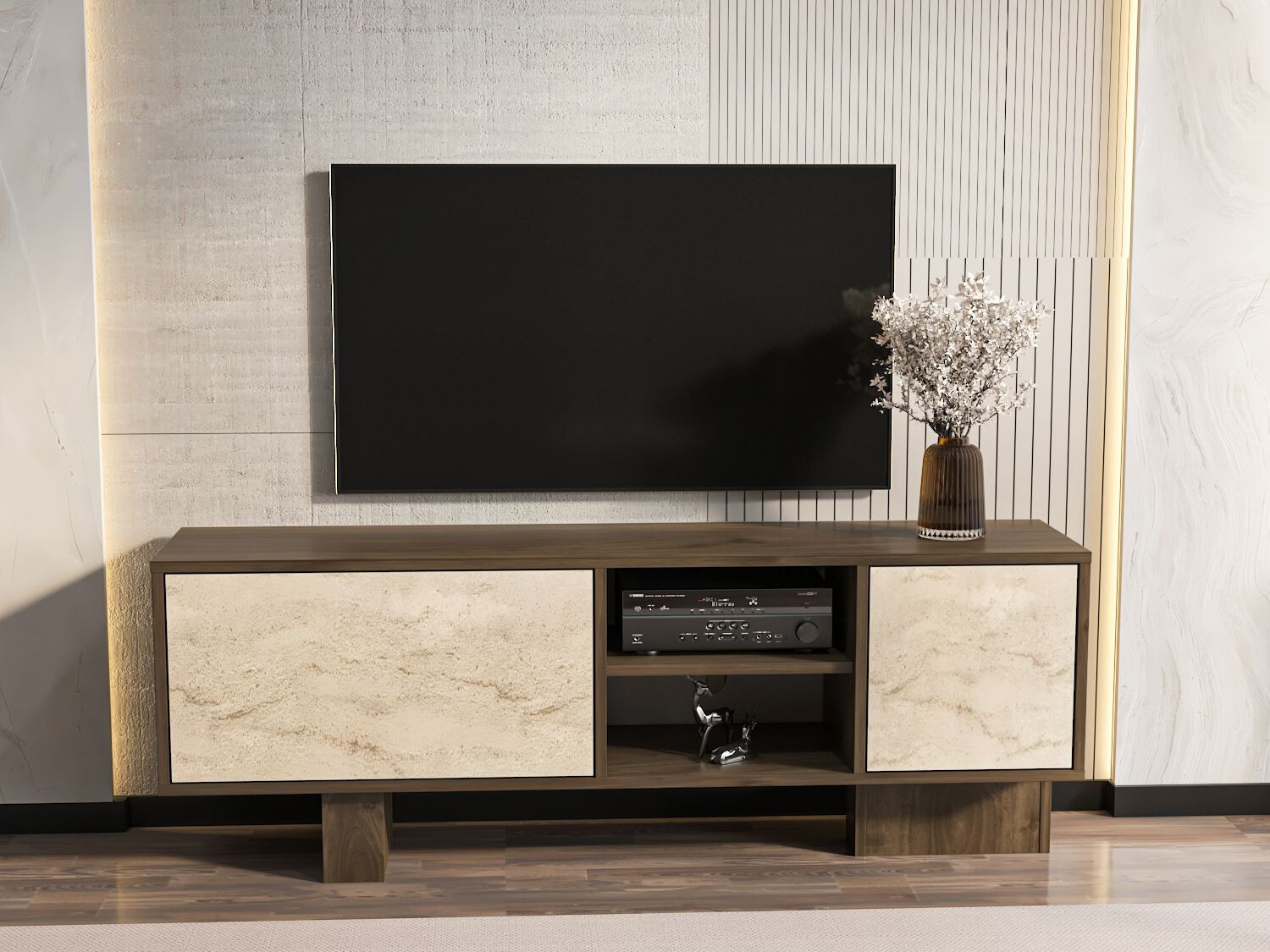 Comodă TV Asheboro 211 (Nuc + Deschis Travertine)