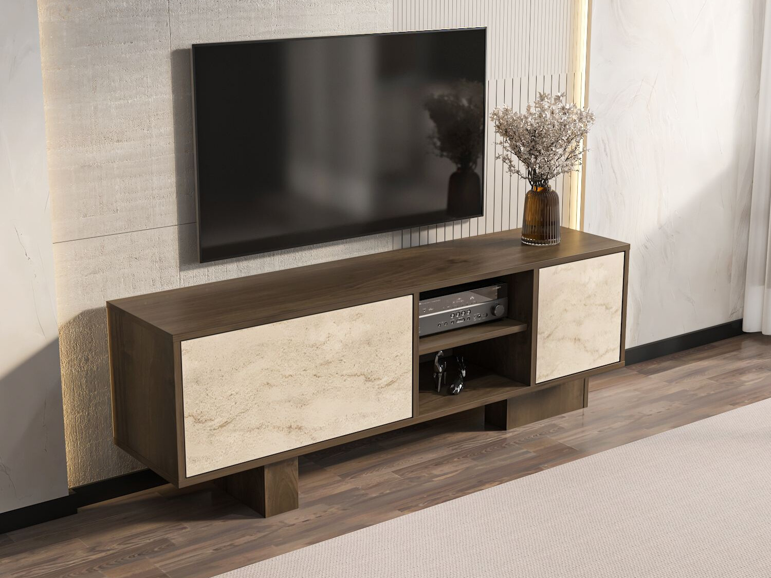 Comodă TV Asheboro 211 (Nuc + Deschis Travertine)