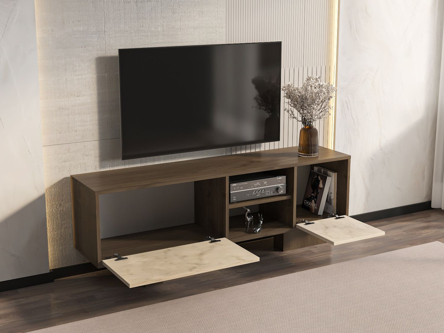 Comodă TV Asheboro 211 (Nuc + Deschis Travertine)