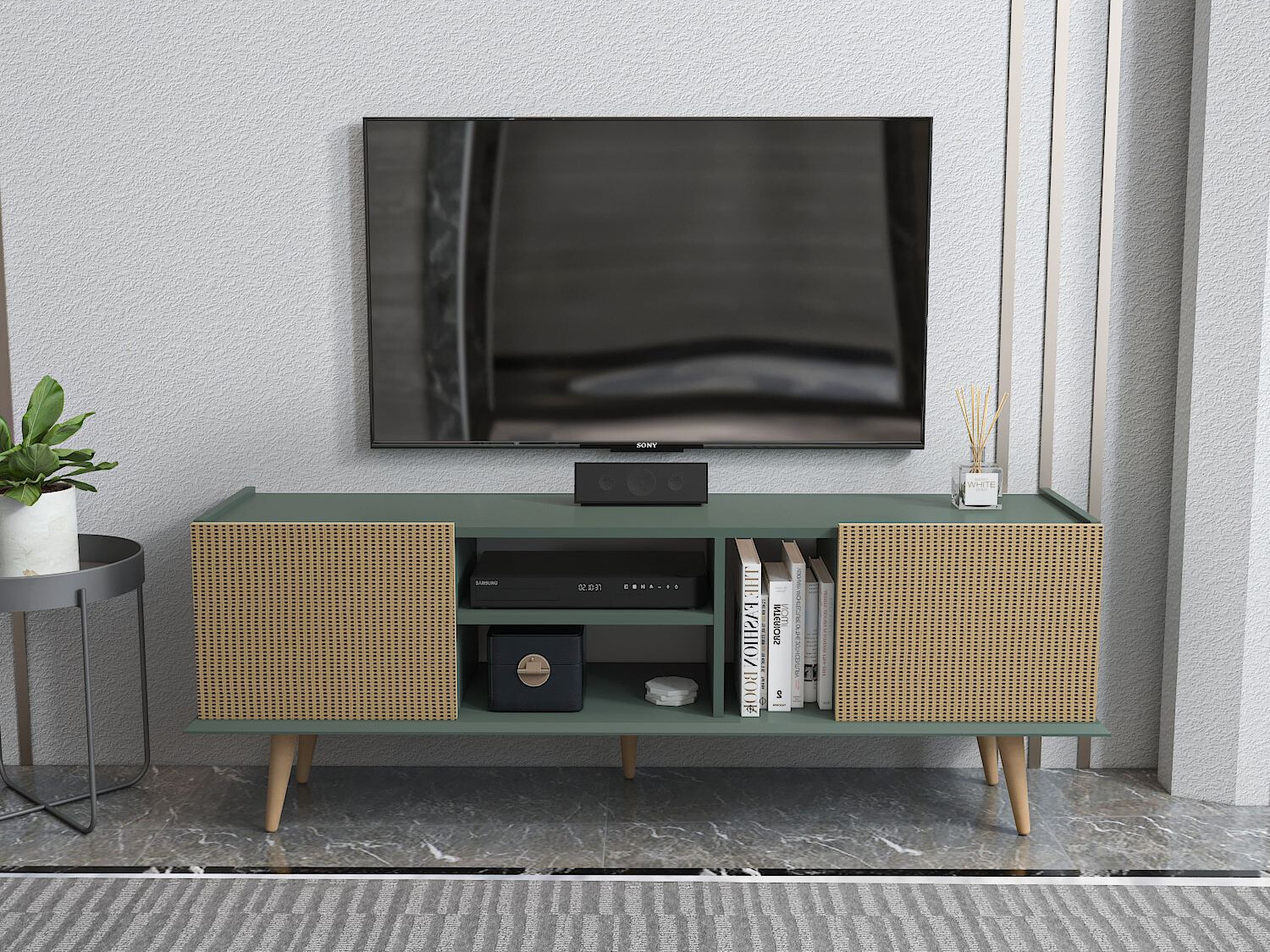 Comodă TV Asheboro 214 (Verde + Model de ratan)