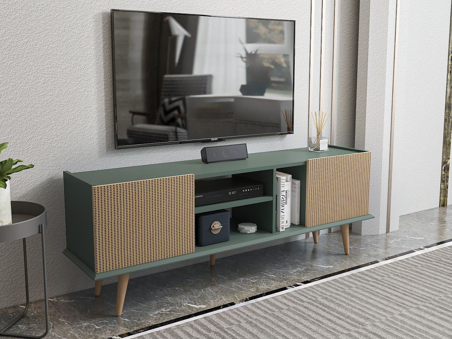 Comodă TV Asheboro 214 (Verde + Model de ratan)