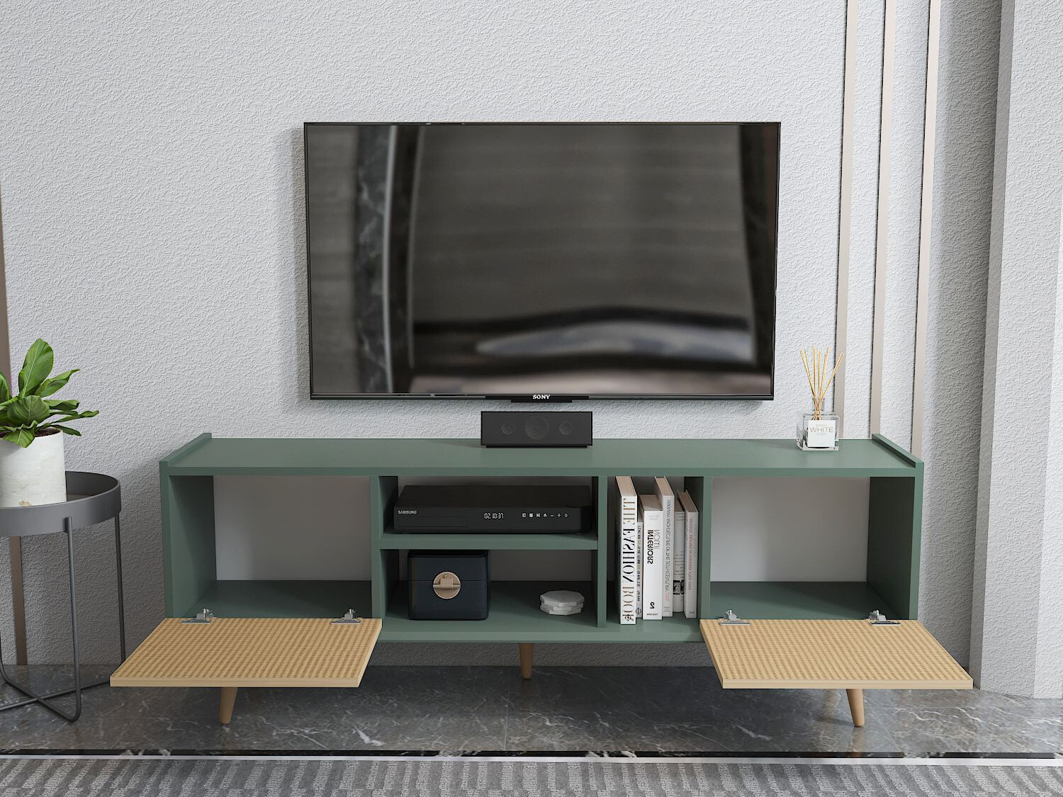 Comodă TV Asheboro 214 (Verde + Model de ratan)