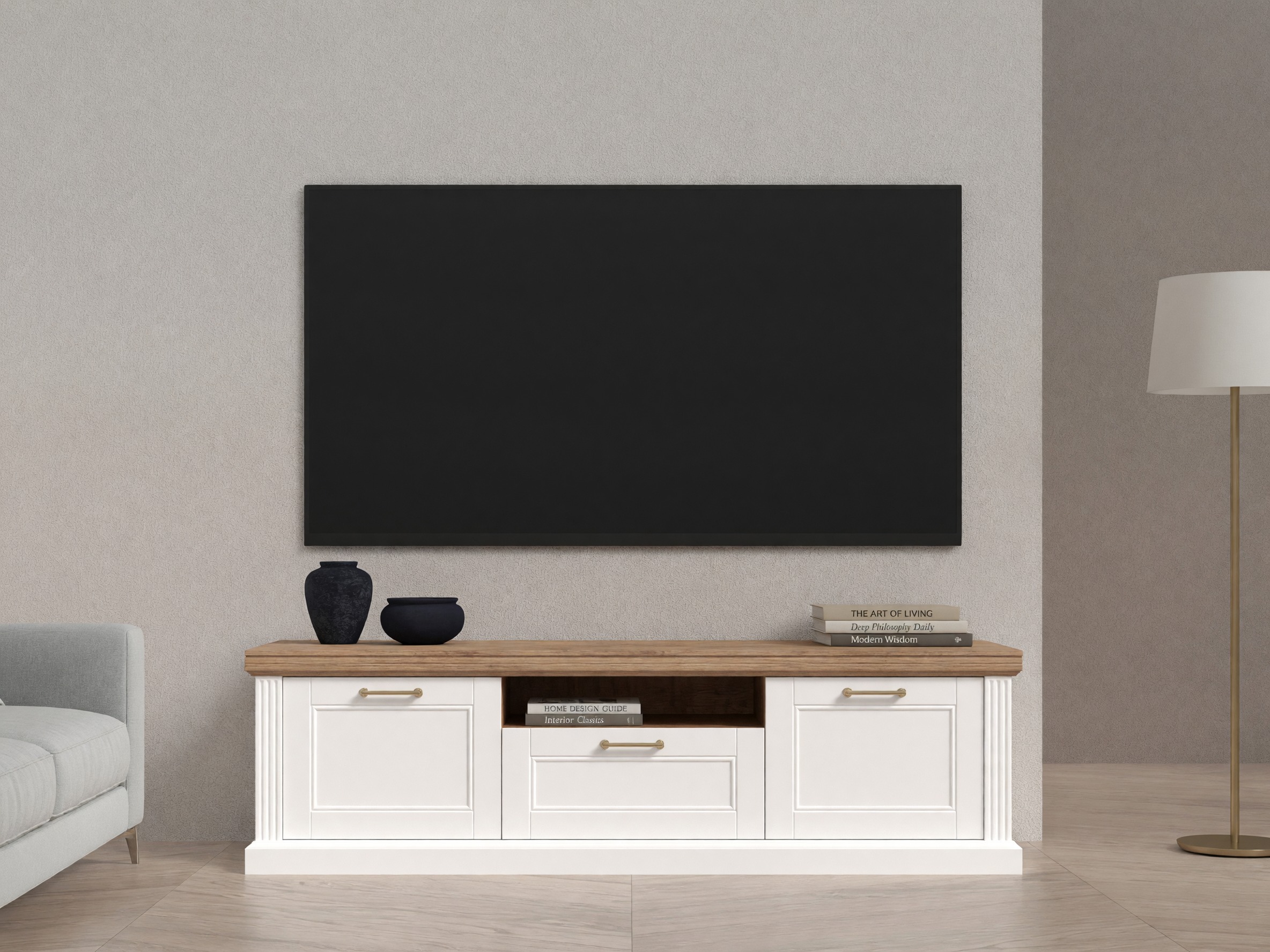 Comodă TV Solevu 103 (Alb + Nuc deschis)
