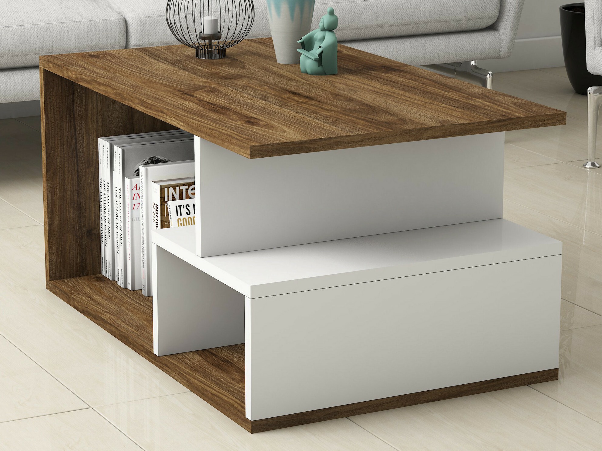 Măsuță de cafea Kailua 1104 (Alb + Nuc)