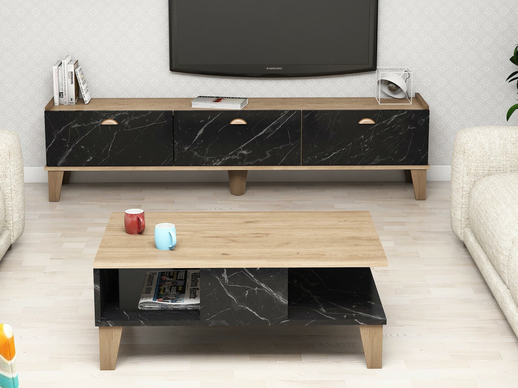 Set de living Kailua 723 (Stejar + Marmură neagră)