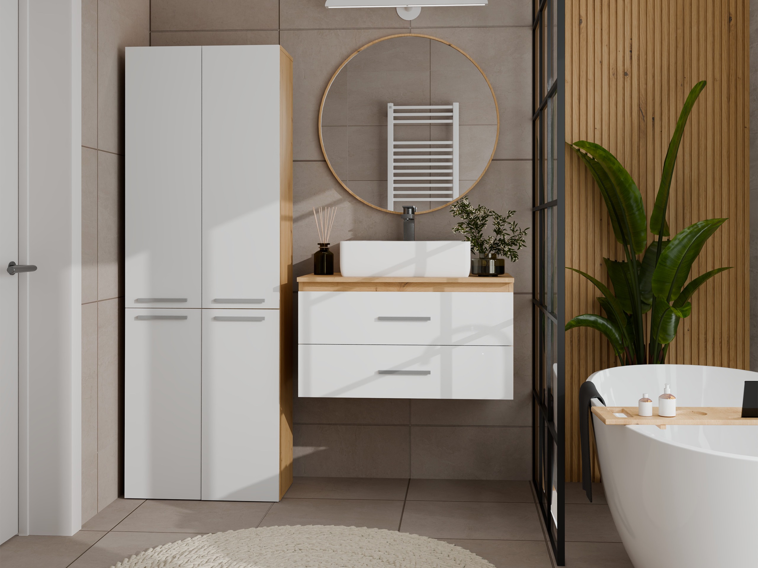 Cabinet de baie neancorat Nolmaru 100 (Stejar artizan + Alb)