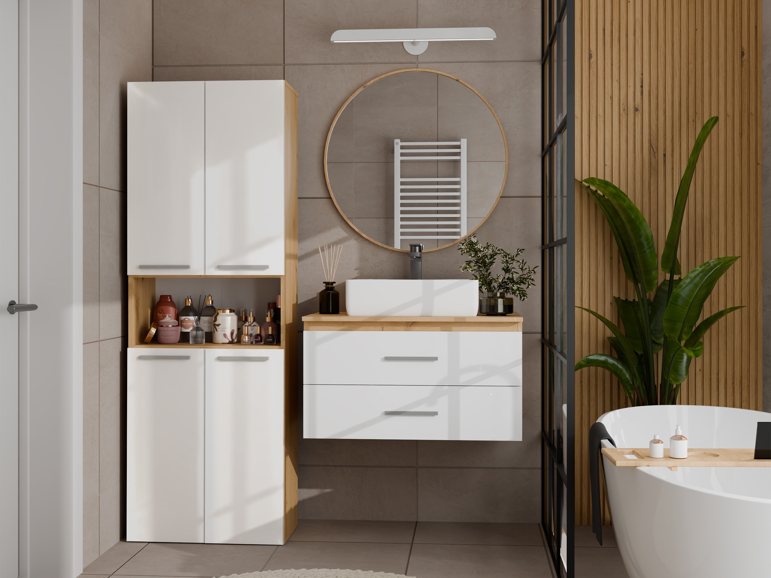 Cabinet de baie neancorat Nolmaru 101 (Stejar artizan + Alb lucios)