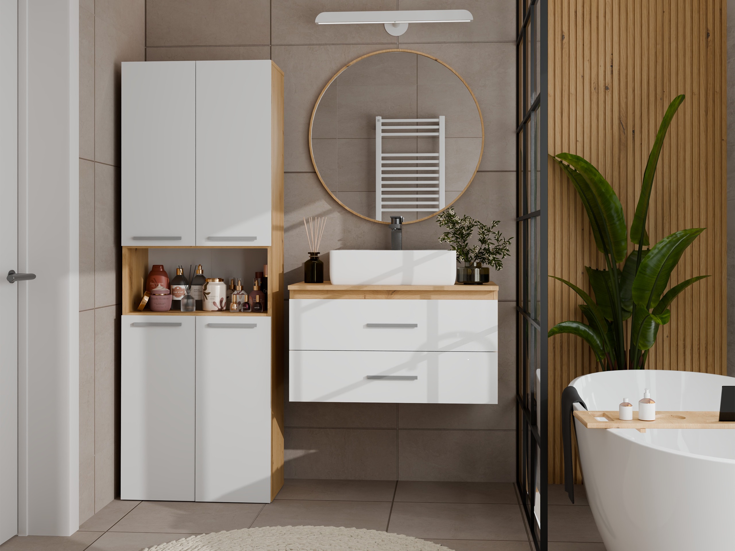 Cabinet de baie neancorat Nolmaru 103 (Stejar artizan + Alb)