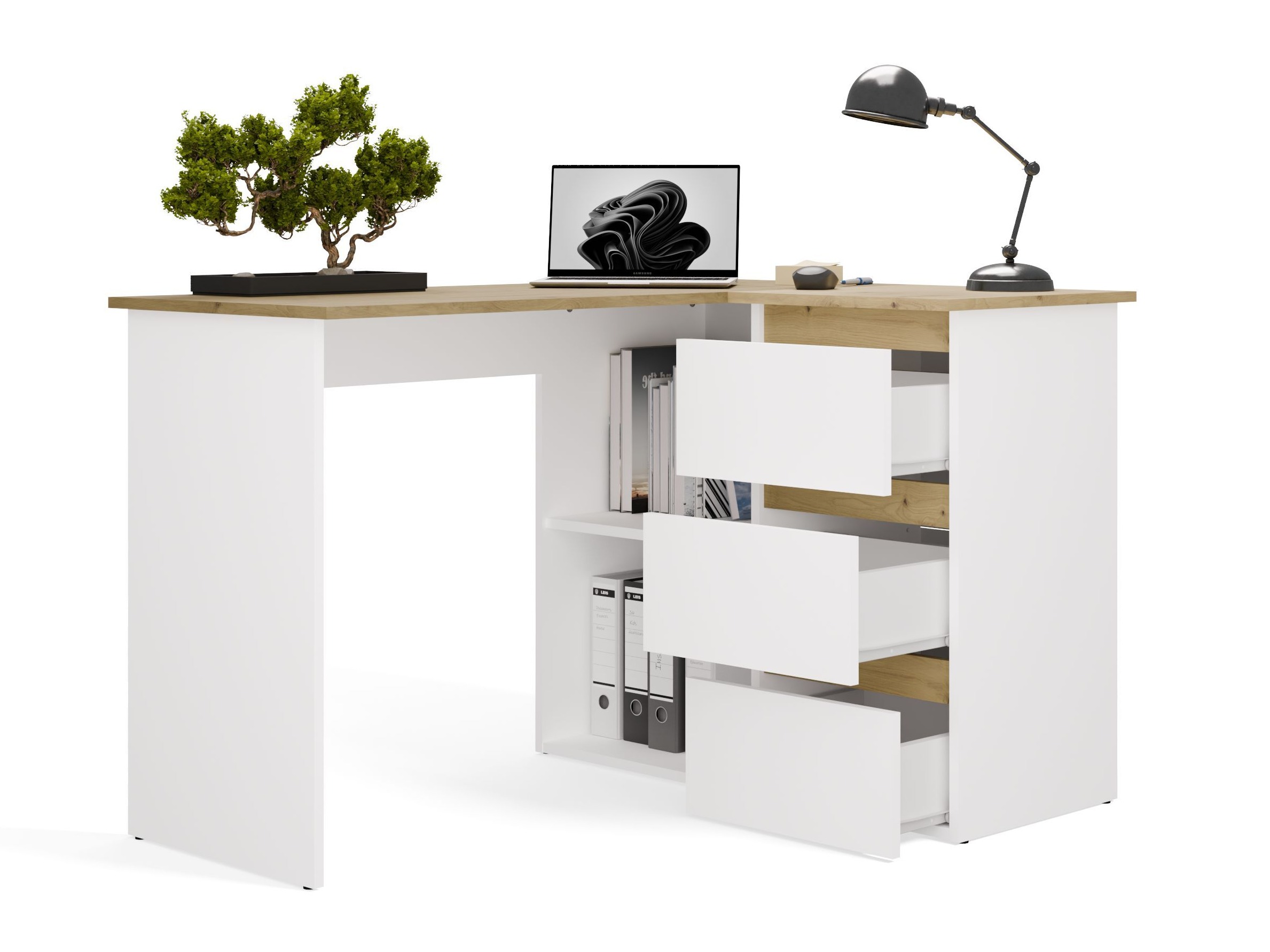 Birou de colt Mandeville 365 (Stejar artizan + Alb)