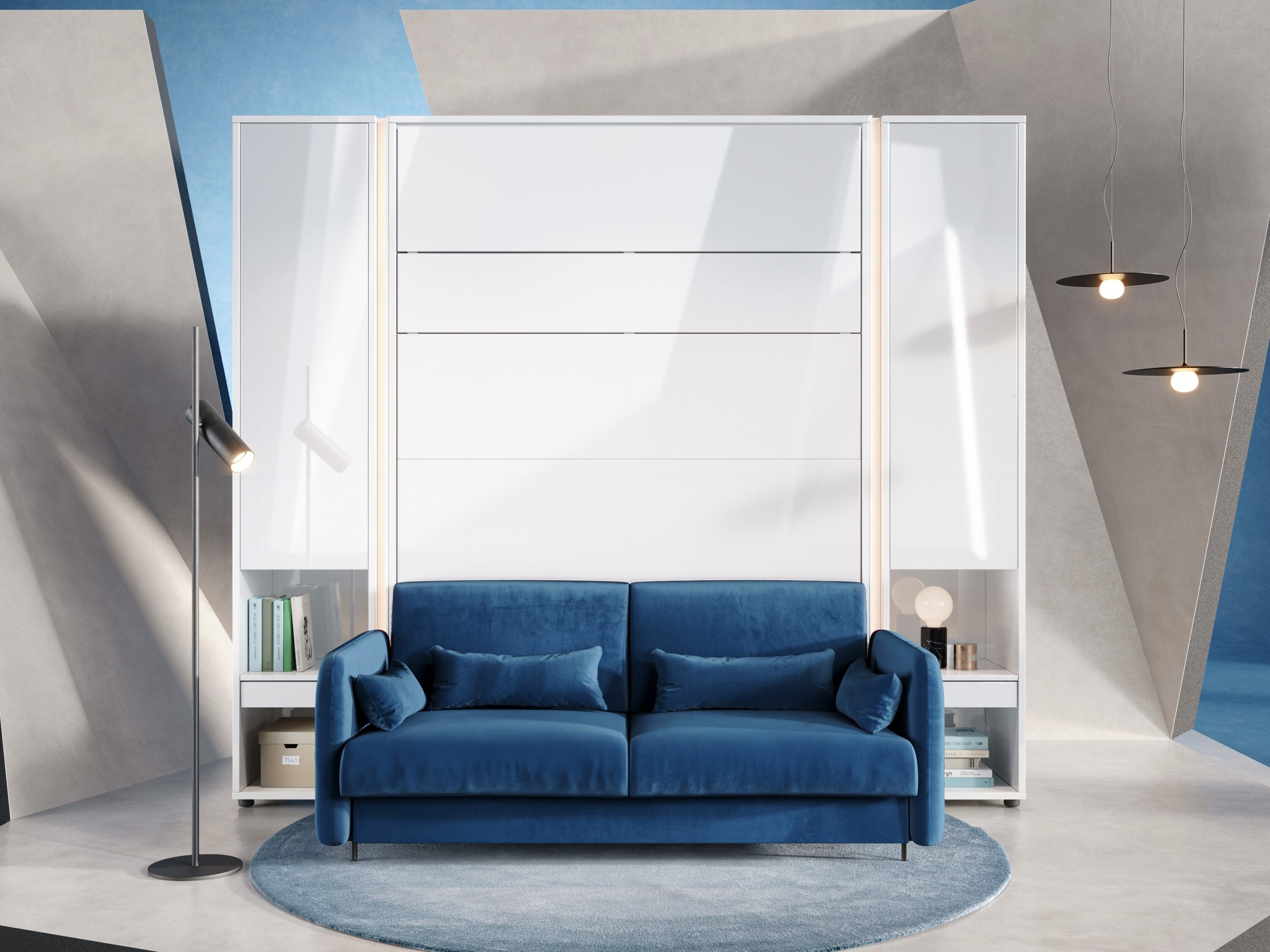 Set de mobilier Concept Lenart VI (Alb lucios + Alb + Albastru)