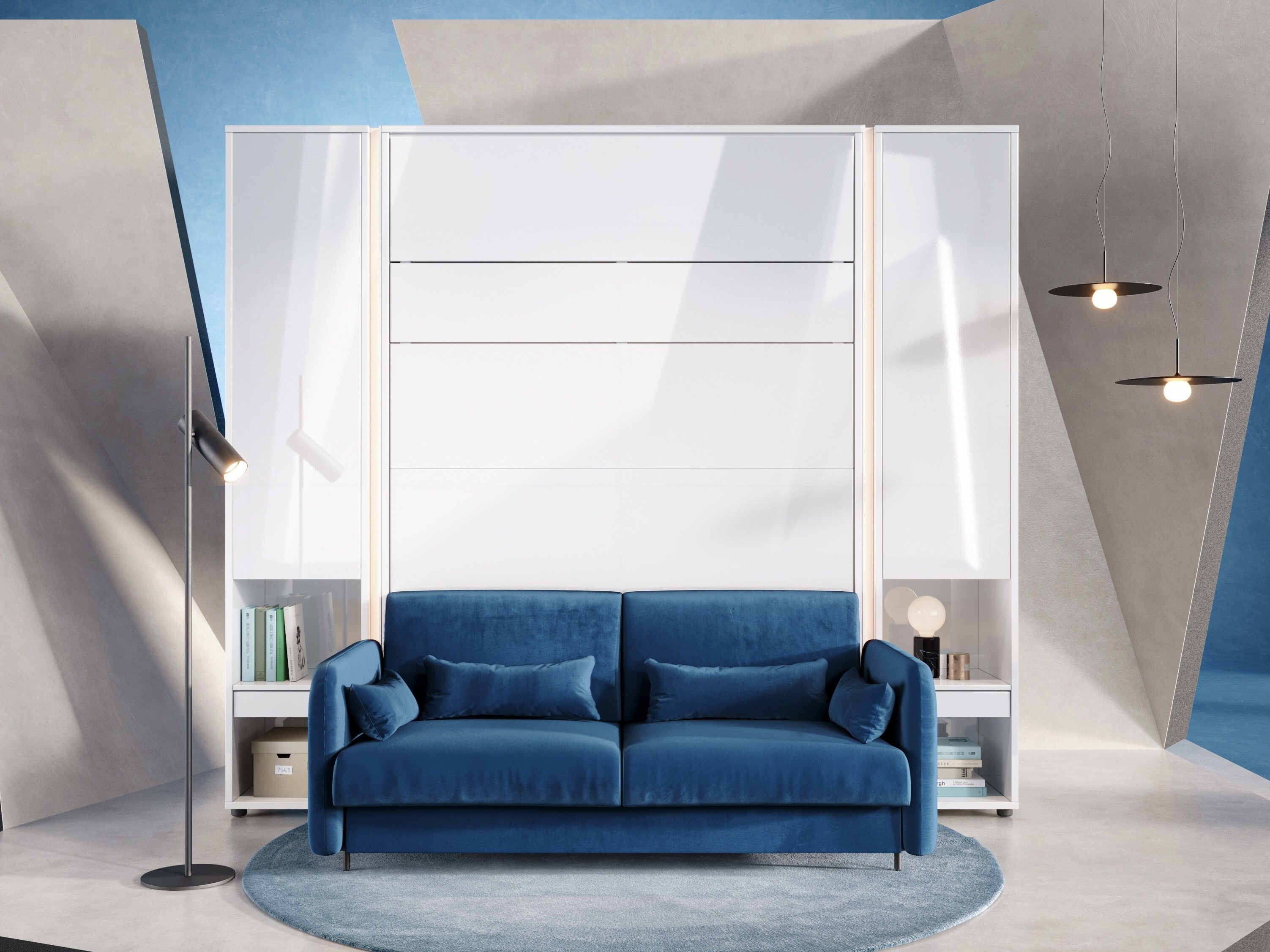 Set de mobilier Concept Lenart VI (Alb lucios + Alb + Albastru)
