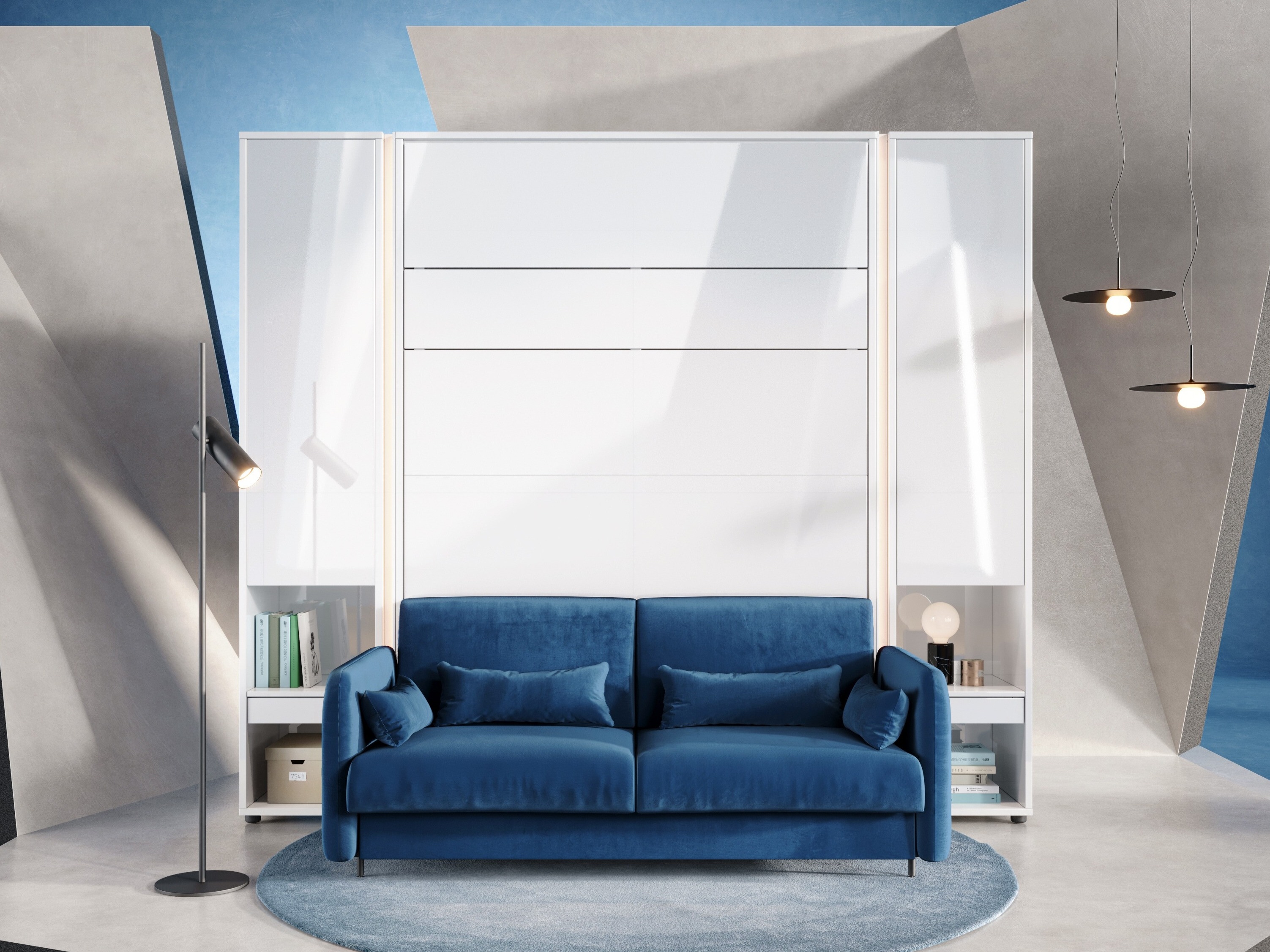 Set de mobilier Concept Lenart VI (Alb lucios + Alb + Albastru)