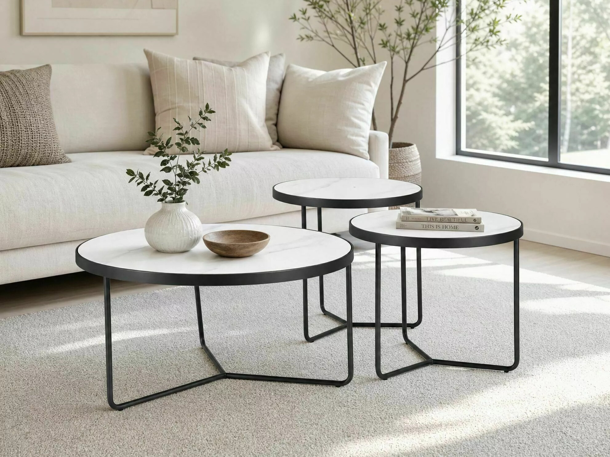 Set de măsuțe de cafea Detroit 570 (Marmură albă + Negru)