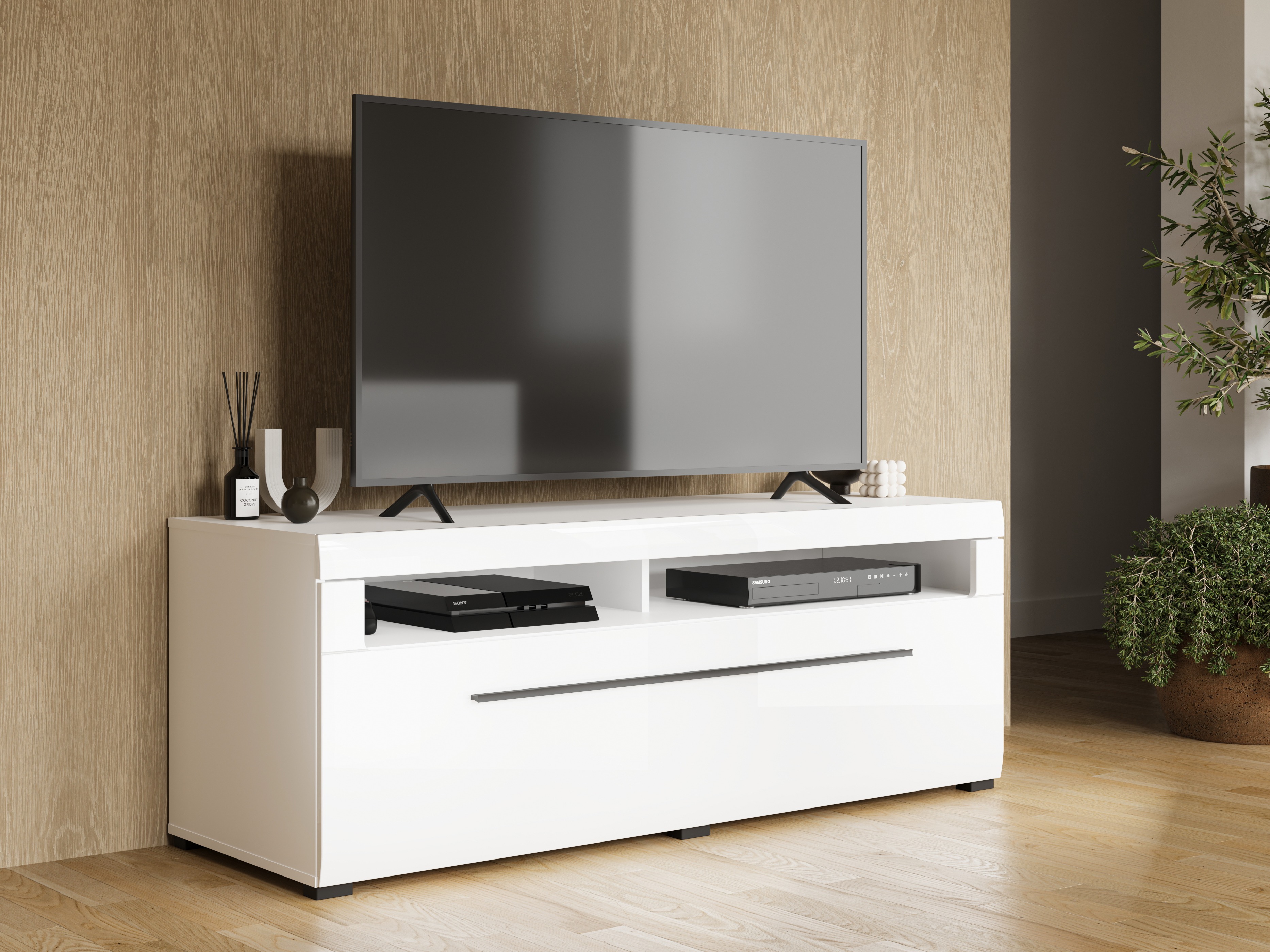 Comodă TV Ophsalu 103 (Alb + Alb lucios)