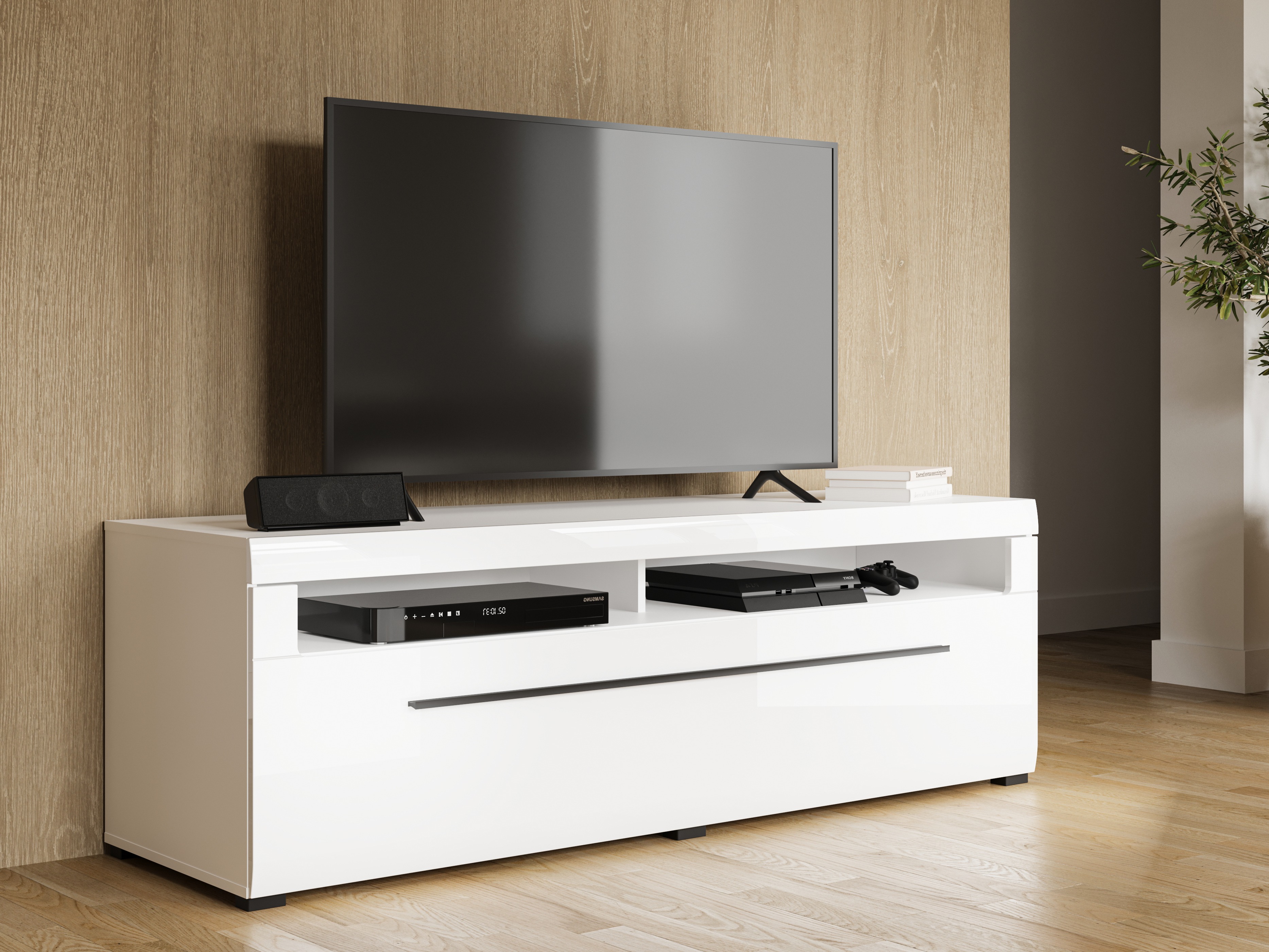 Comodă TV Ophsalu 104 (Alb + Alb lucios)