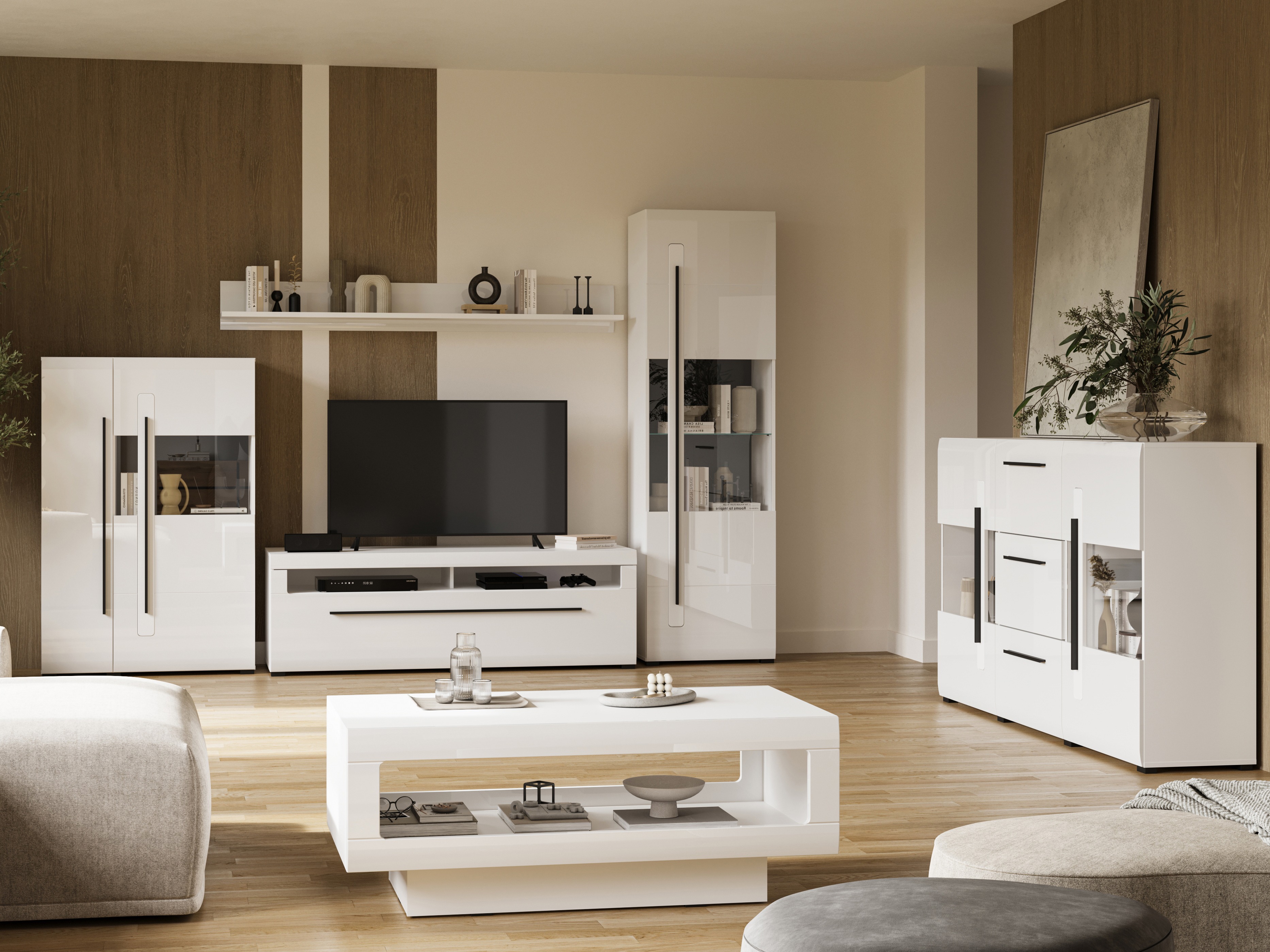 Comodă TV Ophsalu 104 (Alb + Alb lucios)