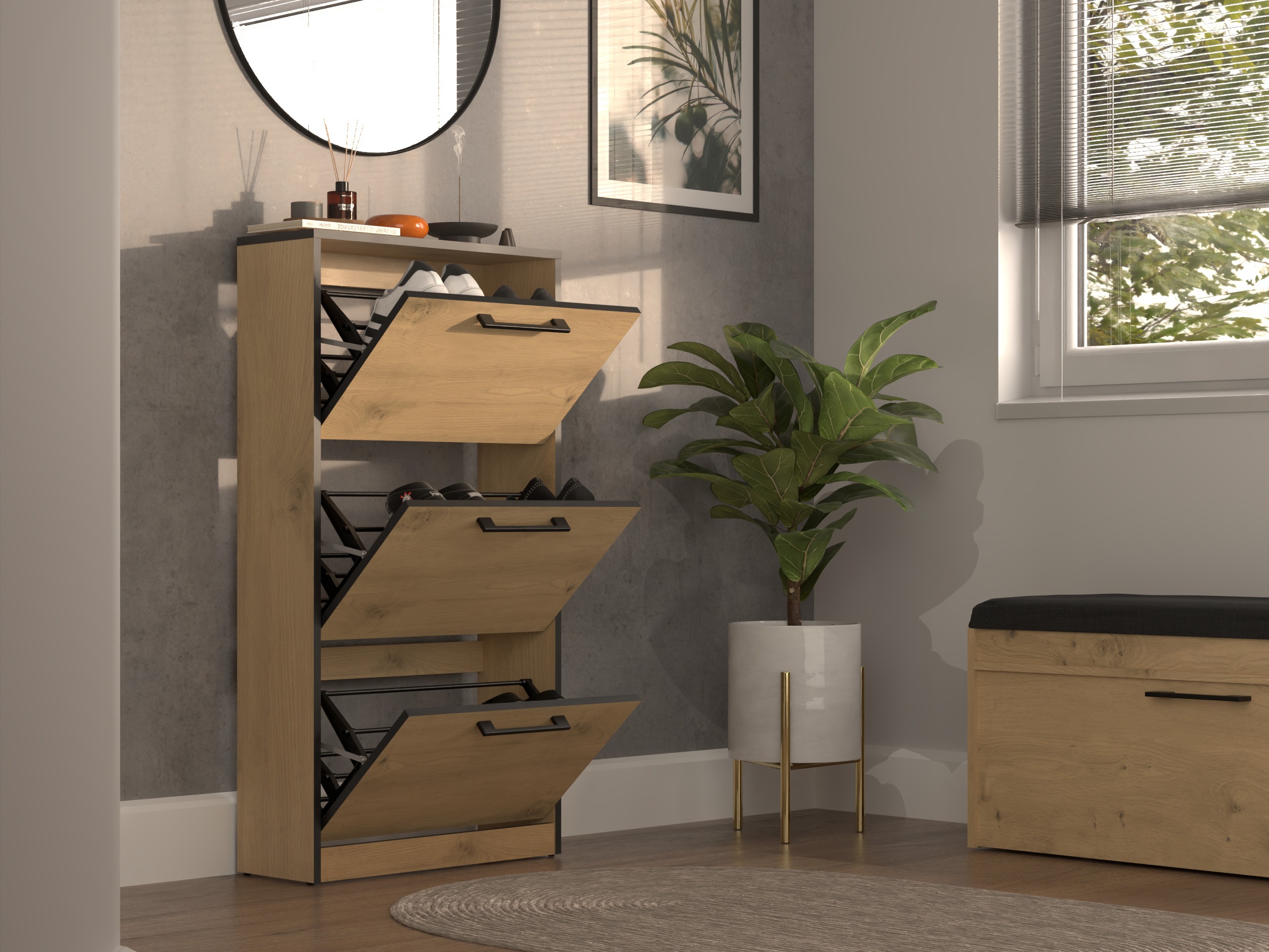 Dulap pentru pantofi Mandeville 224 (Stejar artizan + Negru)