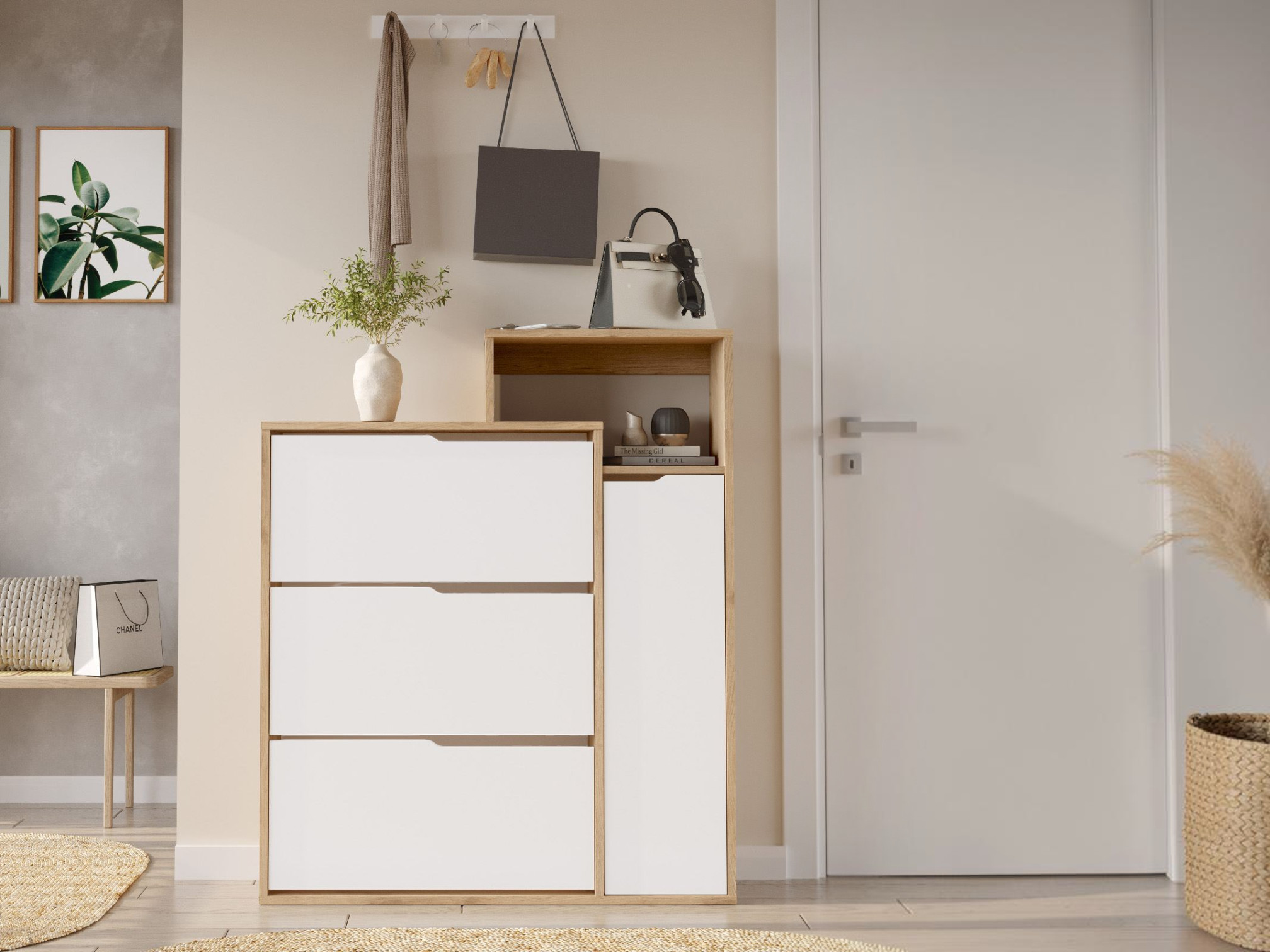 Dulap pentru pantofi Kailua 2847 (Alb + Stejar)