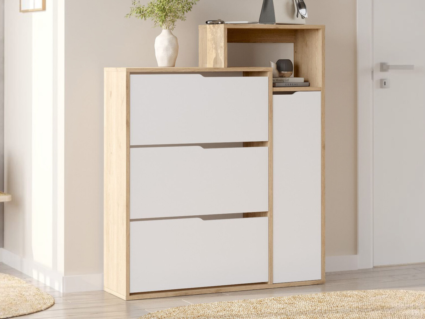 Dulap pentru pantofi Kailua 2847 (Alb + Stejar)