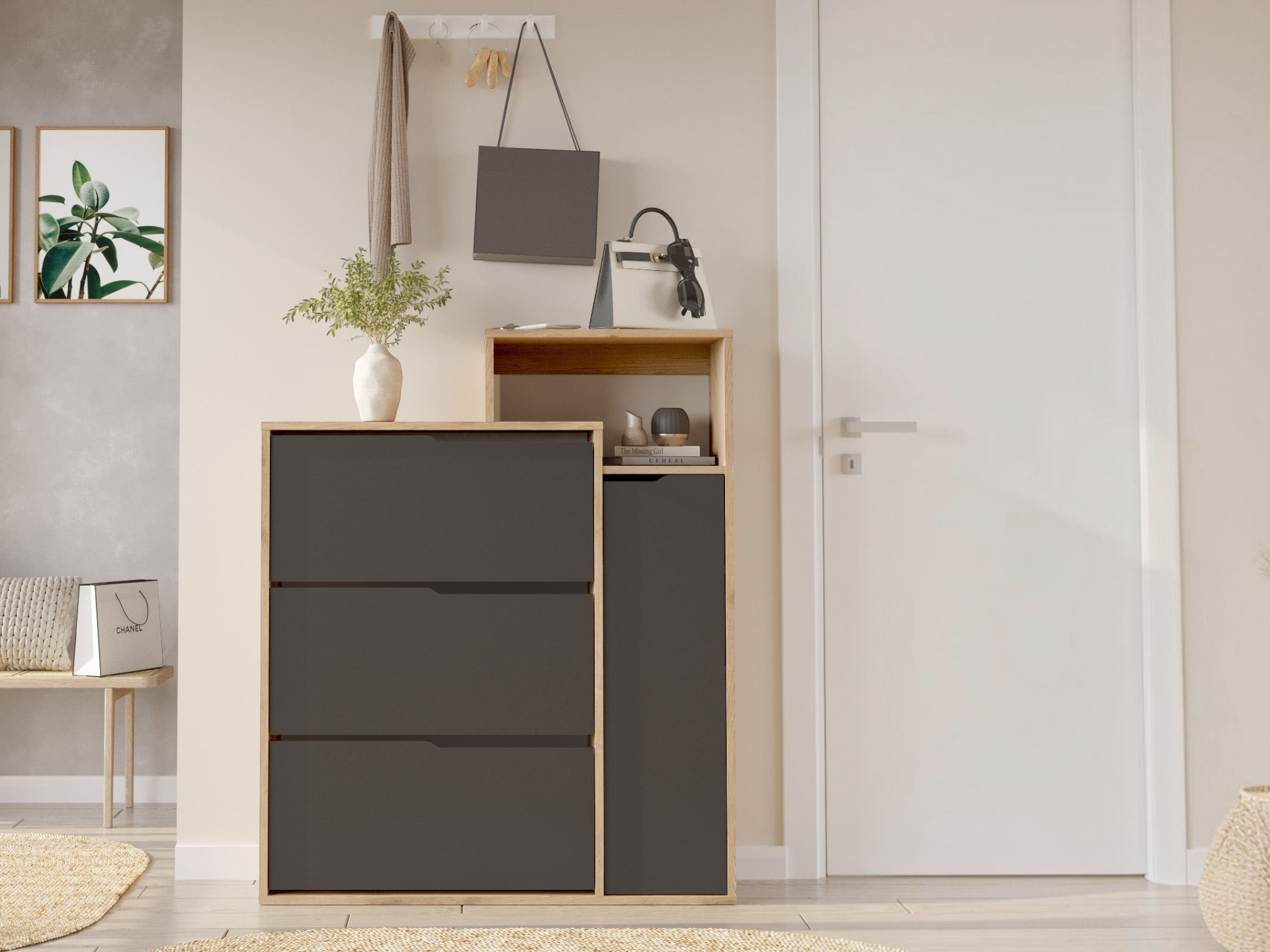 Dulap pentru pantofi Kailua 2847 (Antracit + Stejar)