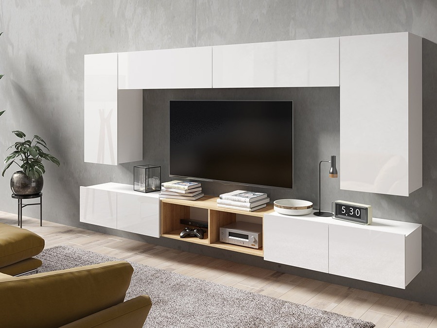 Set de living Remus XXIII (Alb + Alb lucios + Stejar auriu)