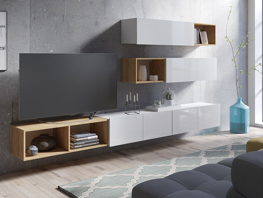 Set de living Remus XXV (Alb + Alb lucios + Stejar auriu)