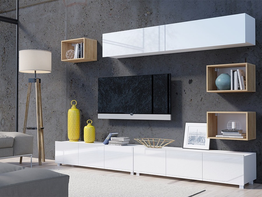 Set de living Remus XXXI (Alb + Alb lucios + Stejar auriu)