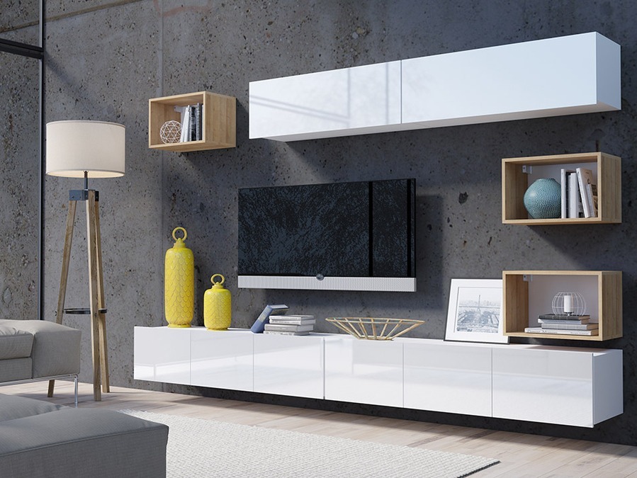 Set de living Remus XXXI (Alb + Alb lucios + Stejar auriu)