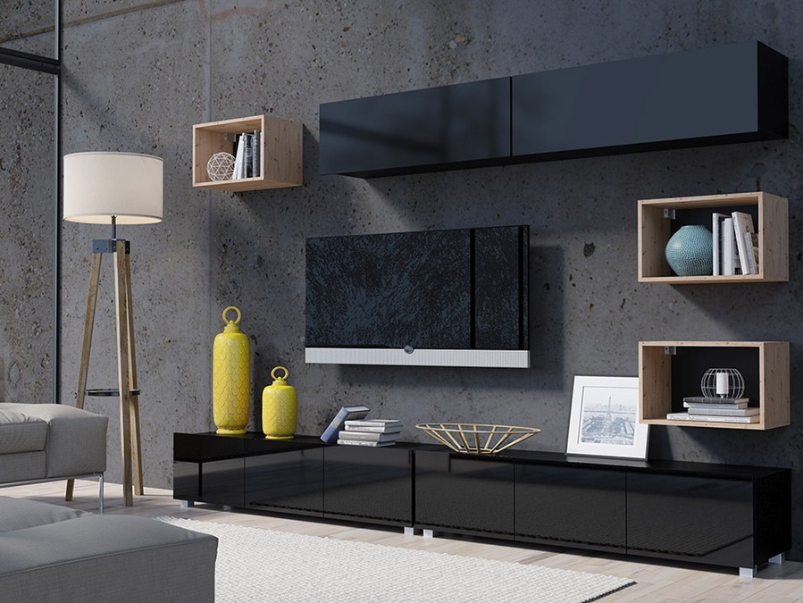 Set de living Remus XXXI (Negru + Negru lucios + Stejar artizan)