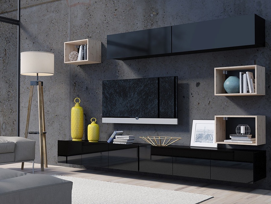 Set de living Tivdalu 151 (Negru + Negru lucios + Stejar artizan)