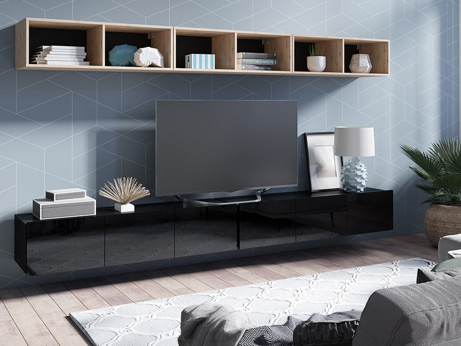 Set de living Tivdalu 153 (Negru + Negru lucios + Stejar artizan)